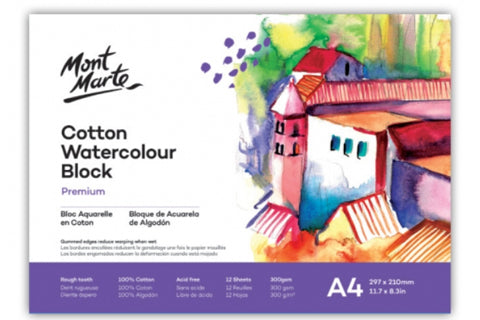 Premium Cotton Watercolour Paper Block 300gsm A4 (11.7 x 8.3in) 12 Sheet